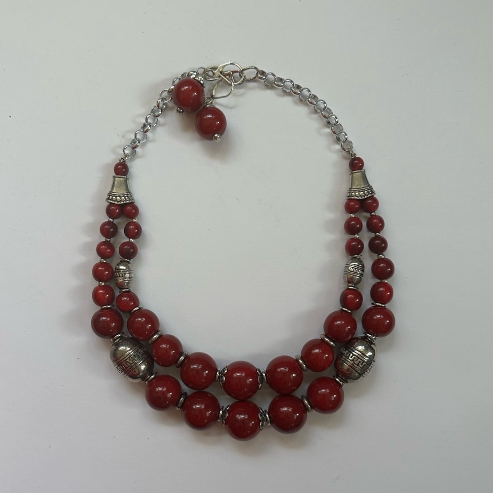 Red Beaded Silver Necklace